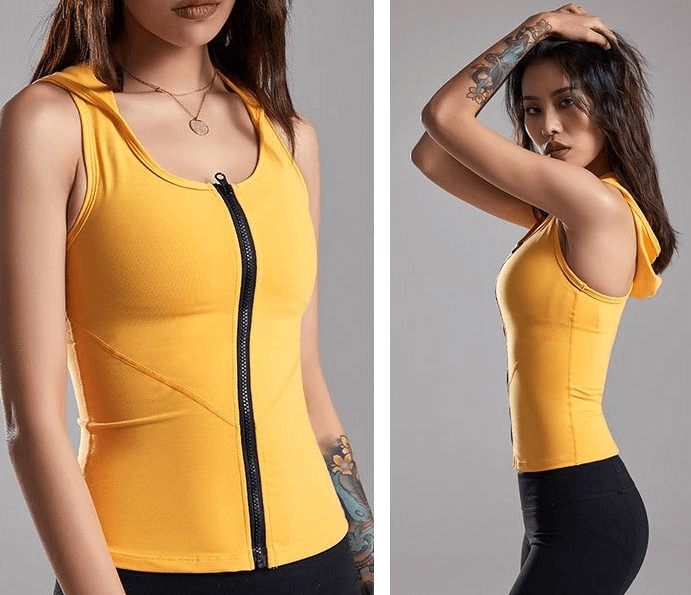 Stylish yellow women's tank top with front zipper, perfect for fitness and running, featuring elastic fit and breathable fabric.